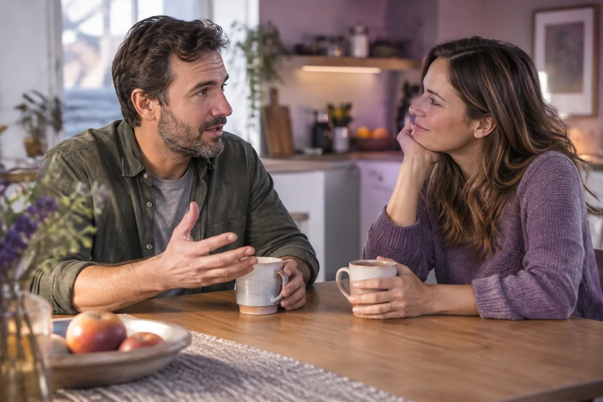 Two adults having a warm conversation over coffee at a kitchen table