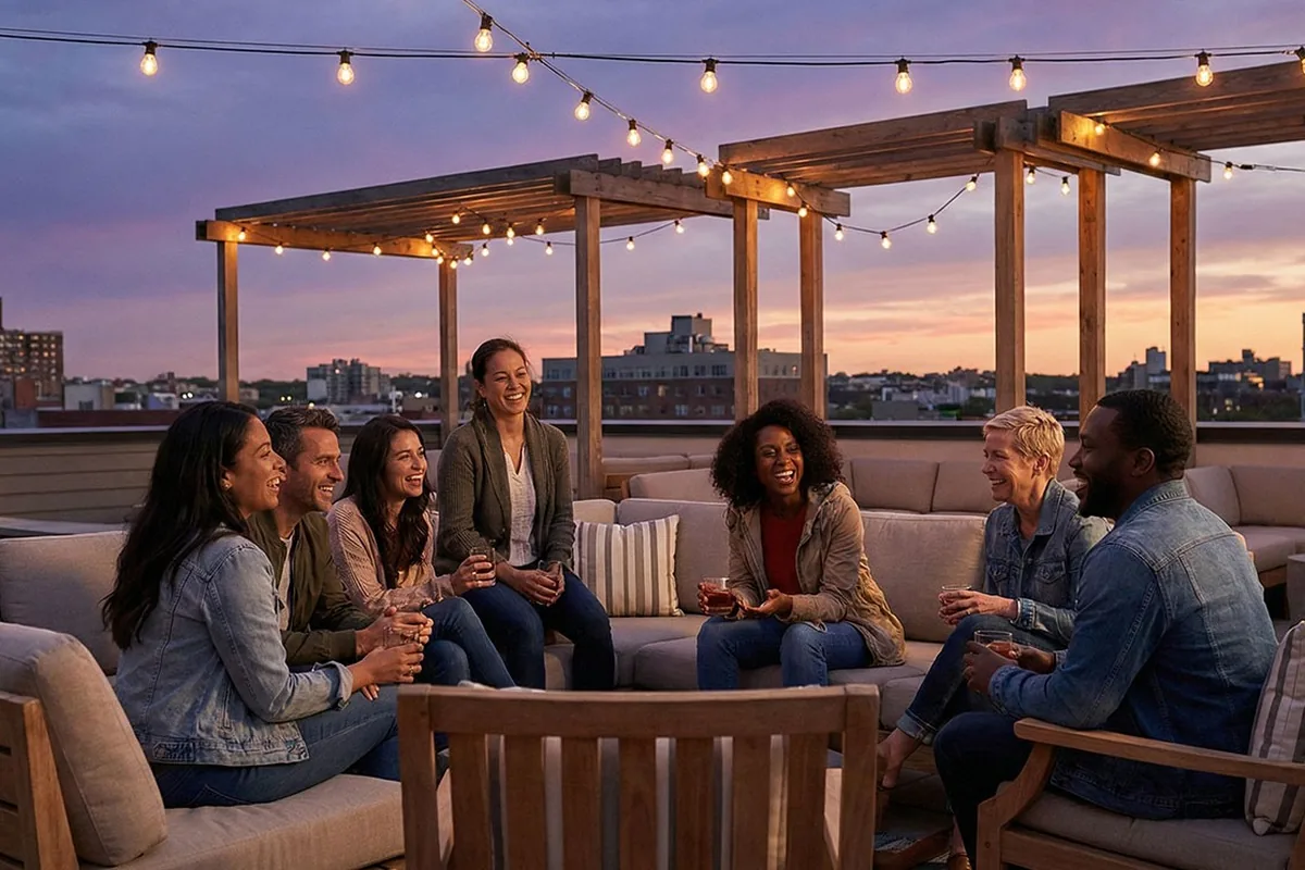 A group of friends talking on a rooftop terrace strung with lights at dusk