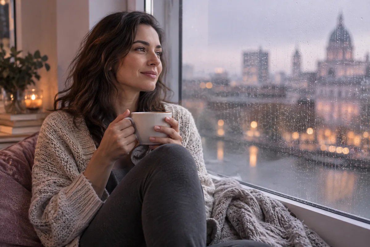 A woman in a knit cardigan sitting contentedly by a rainy window with a cup of tea
