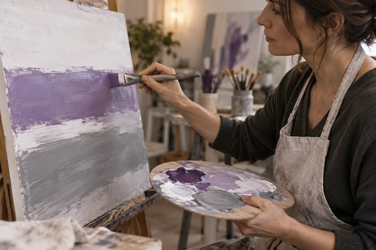 Hands painting white, purple and grey stripes on a canvas