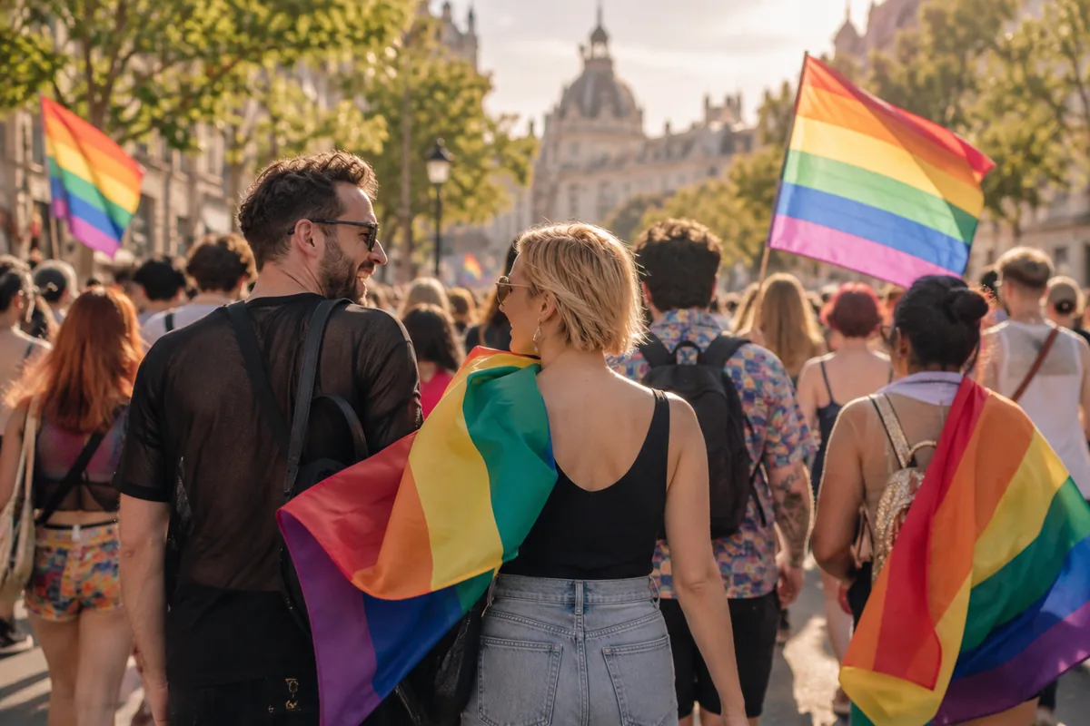 People walking together at a sunny pride festival carrying striped flags