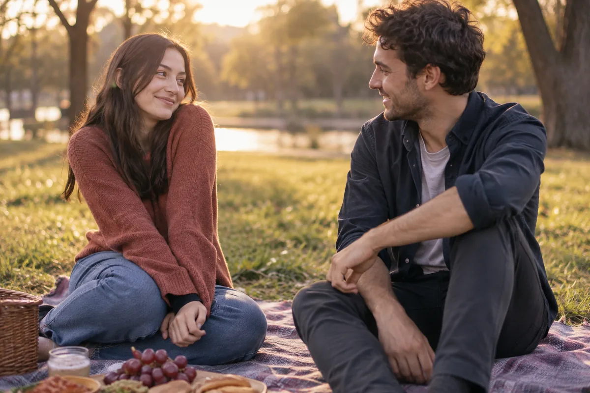 Two people getting to know each other on a picnic blanket in a park