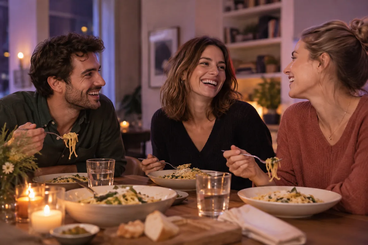 Three friends laughing together around a dinner table