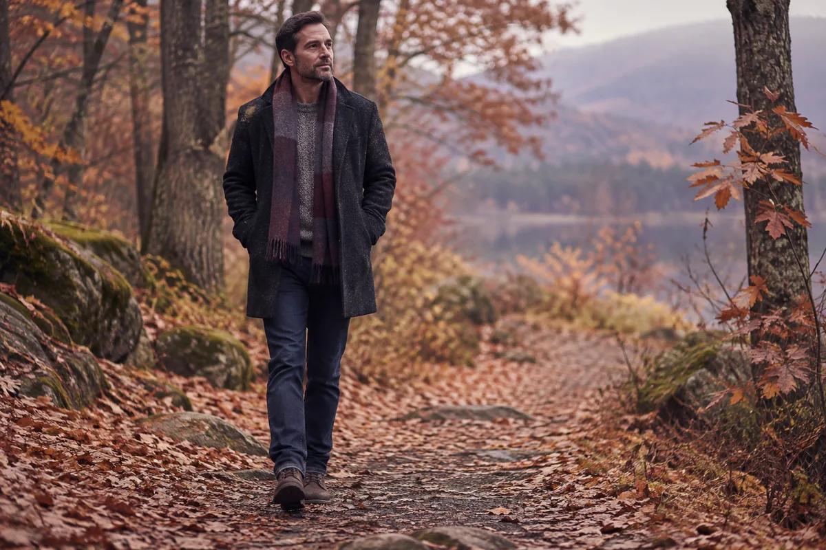 A man walking alone along an autumn forest path, deep in thought