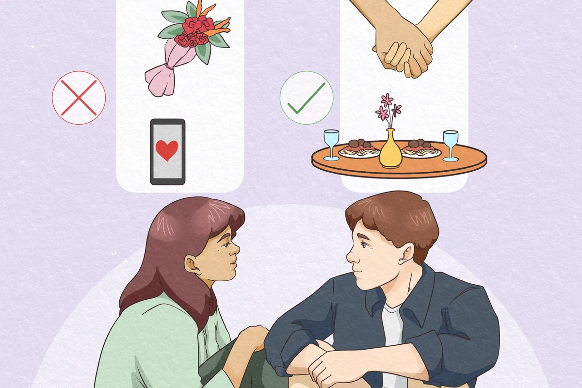 Illustration of two people sitting together, preferring a shared meal to flowers and texts