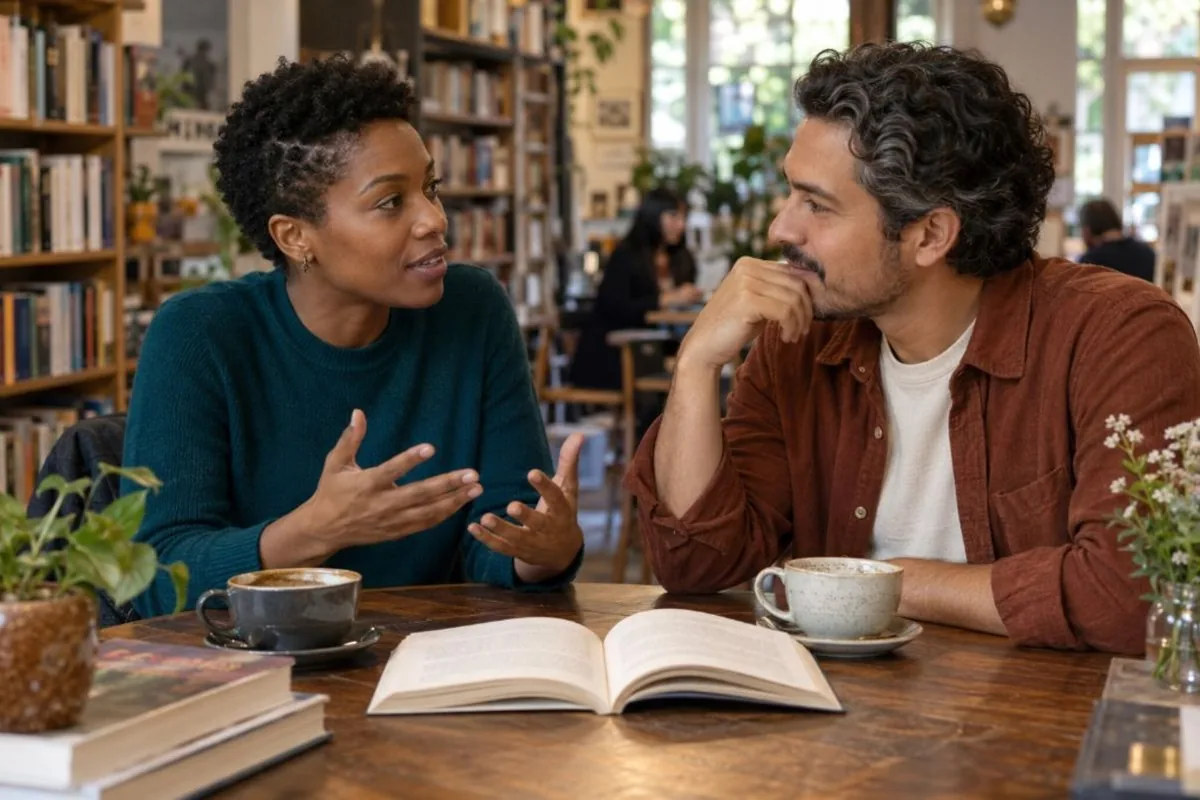 Two people in a lively conversation over coffee in a bookshop cafe