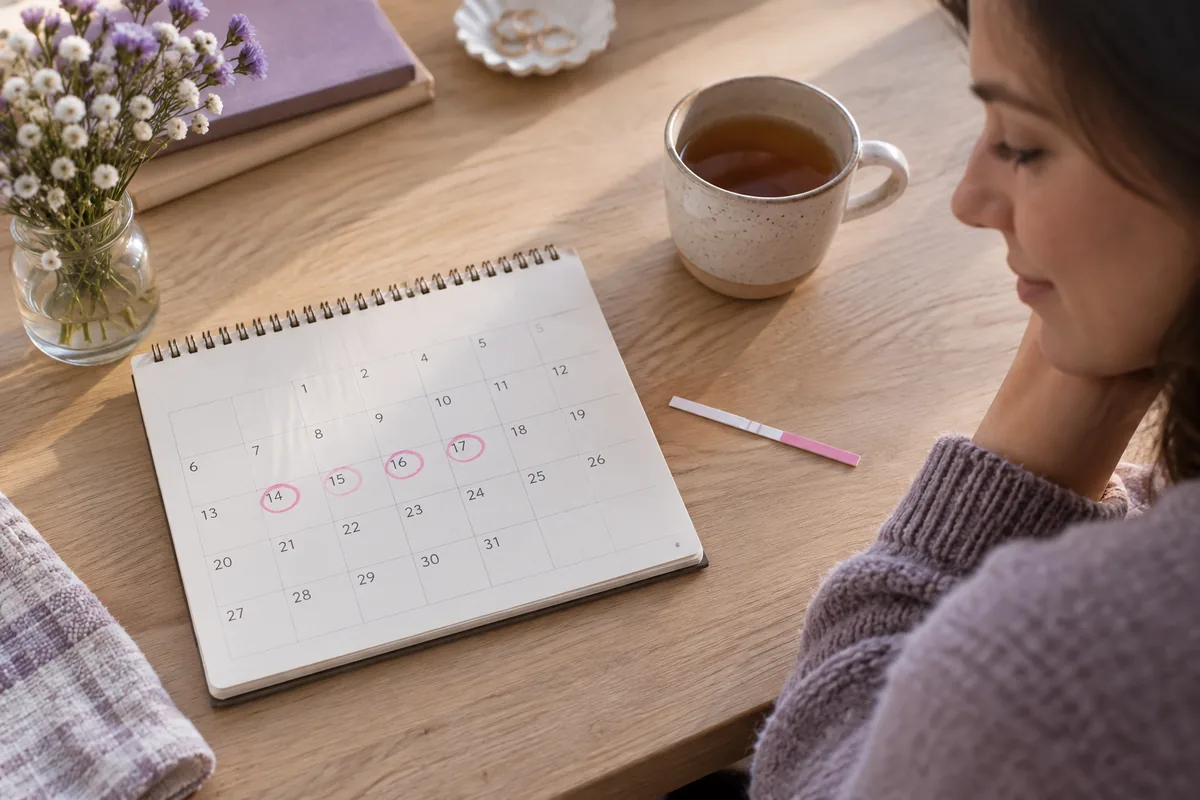 A calendar with circled days, an ovulation test strip and a cup of tea