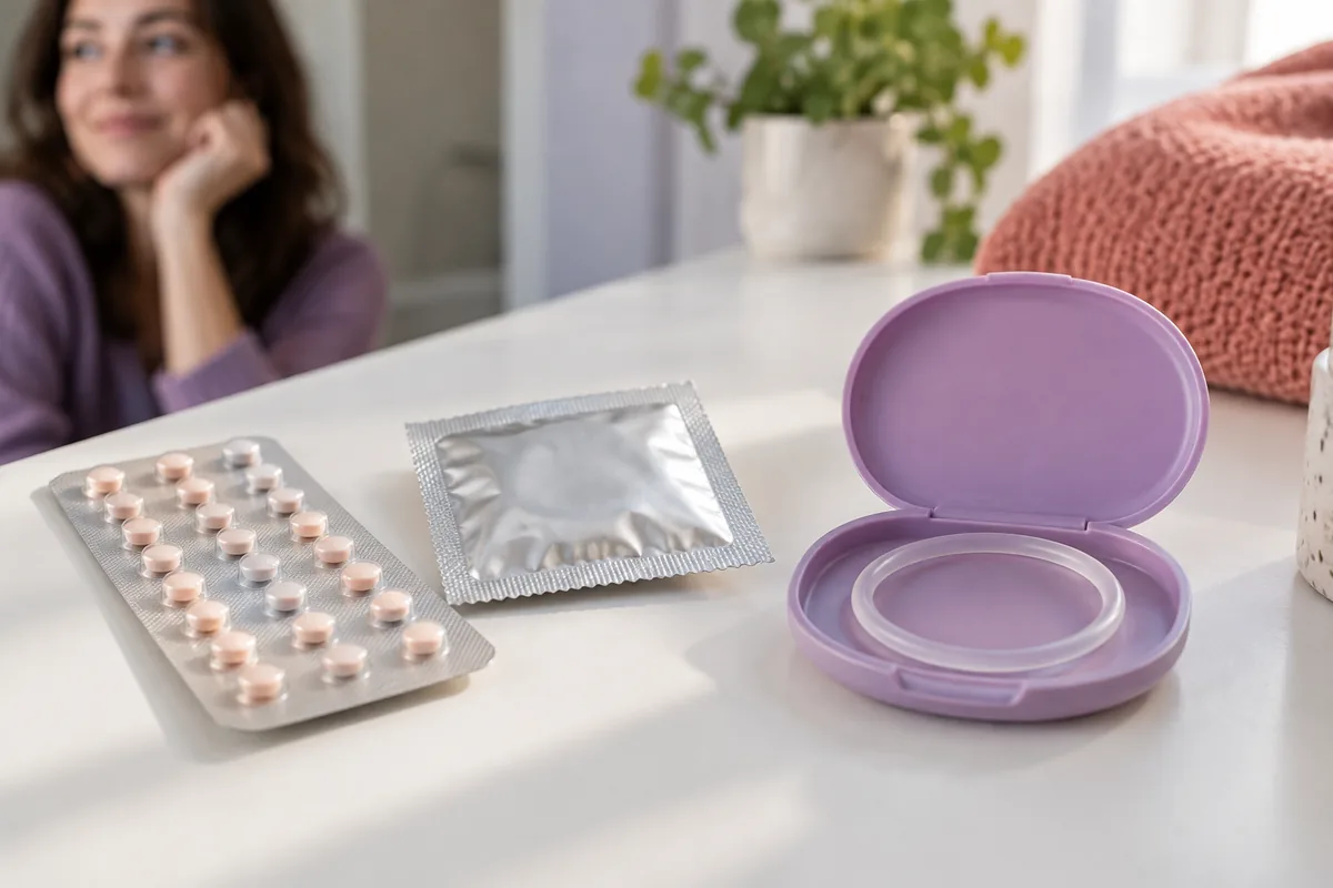 A pill pack, a wrapped condom and a contraceptive ring case on a white surface