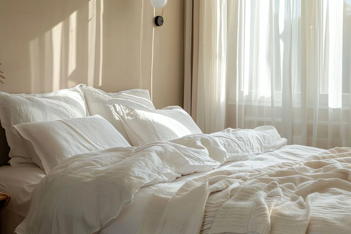 An unmade bed with white bedding and pillows in warm morning sunlight in a neutral-toned bedroom