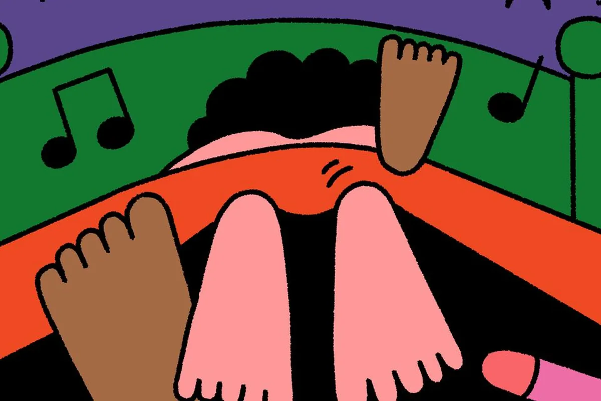 Flat cartoon illustration of two people lying in bed under an orange-striped blanket with their legs sticking up, musical notes on the green headboard