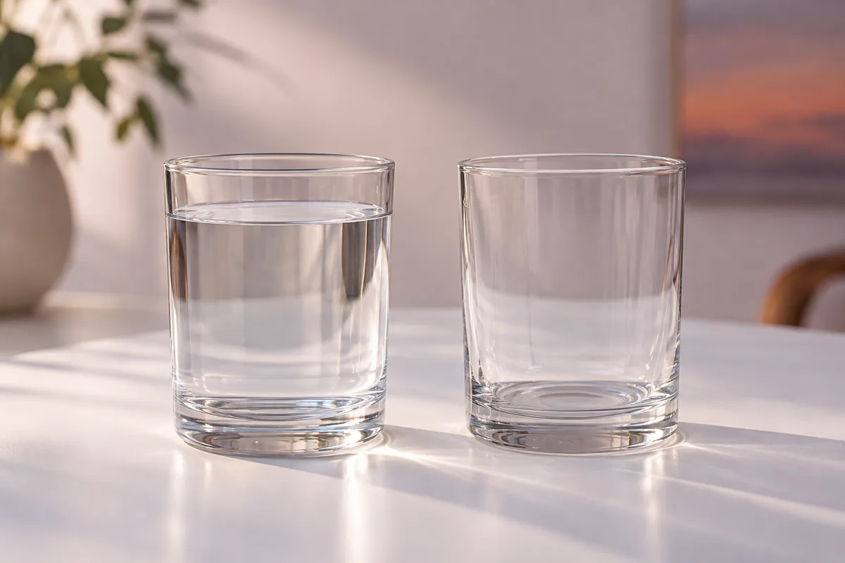 Two glasses side by side, one full of water and one empty