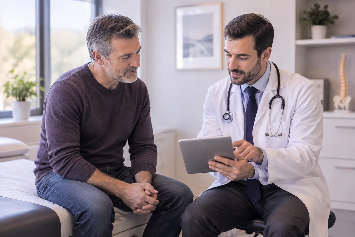 A man talking with a doctor who points at a tablet