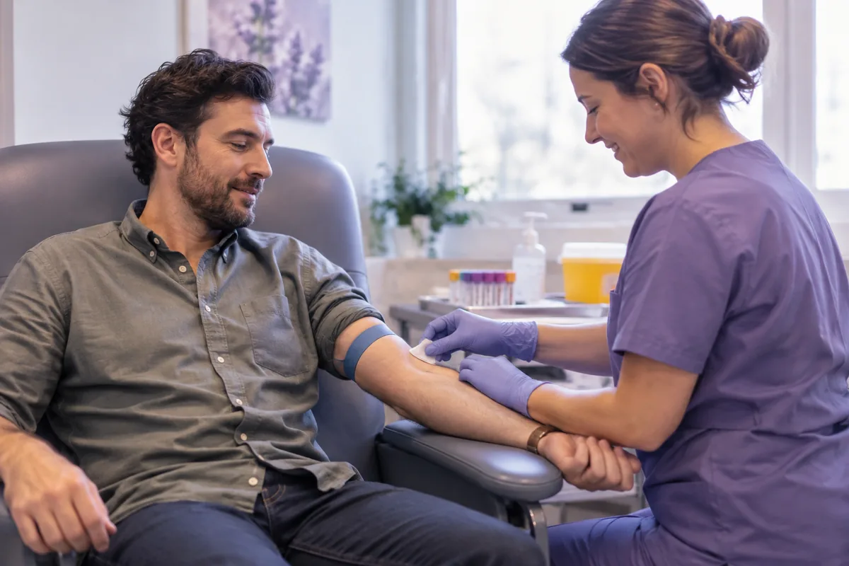 A man with his sleeve rolled up as a nurse prepares a blood test