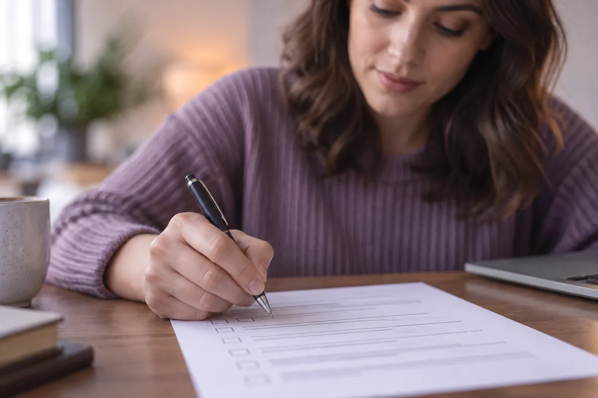 A hand holding a pen over a questionnaire with empty tick boxes