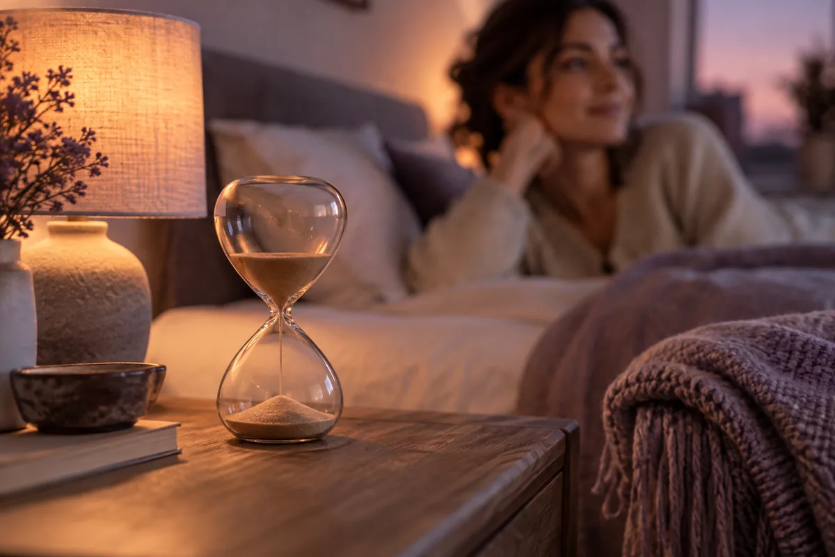 An hourglass on a bedside table beside a lamp