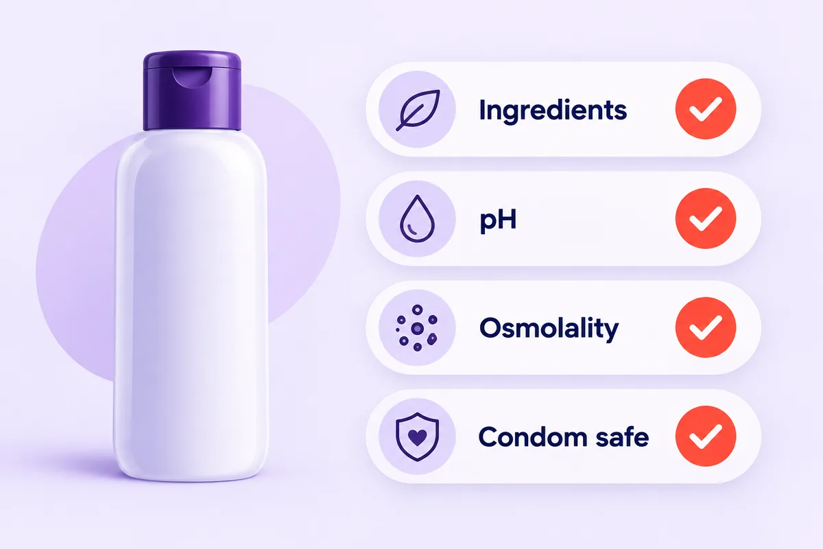 A label checklist with four items: ingredients, pH, osmolality and condom safe
