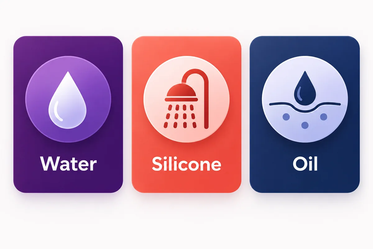Three cards matching water-based, silicone and oil-based lube to their best uses