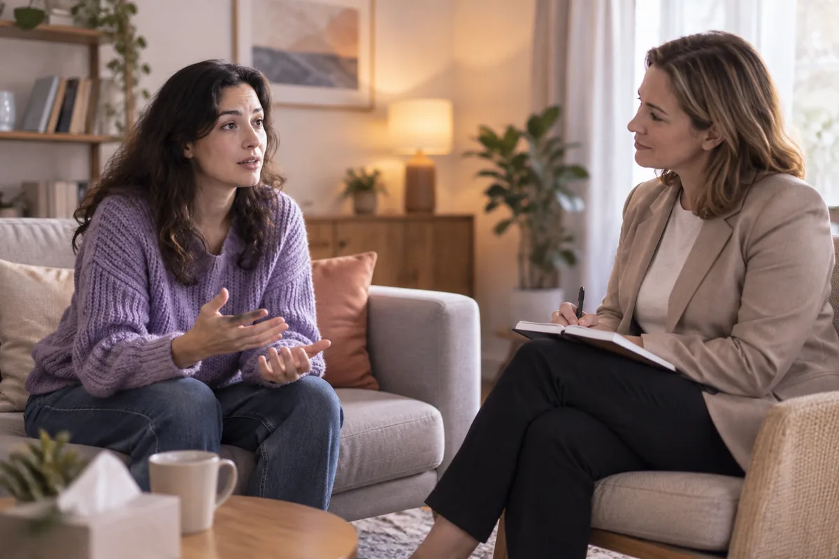 A woman talking with a therapist on a sofa in a calm consulting room