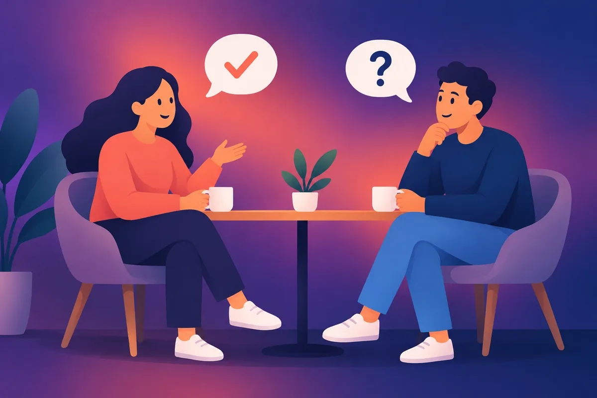 Two simple figures sitting across a table talking with speech bubbles showing a checkmark and a question mark