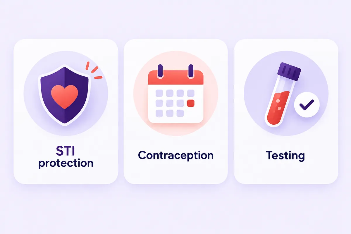Three cards: protection from STIs, contraception, and testing