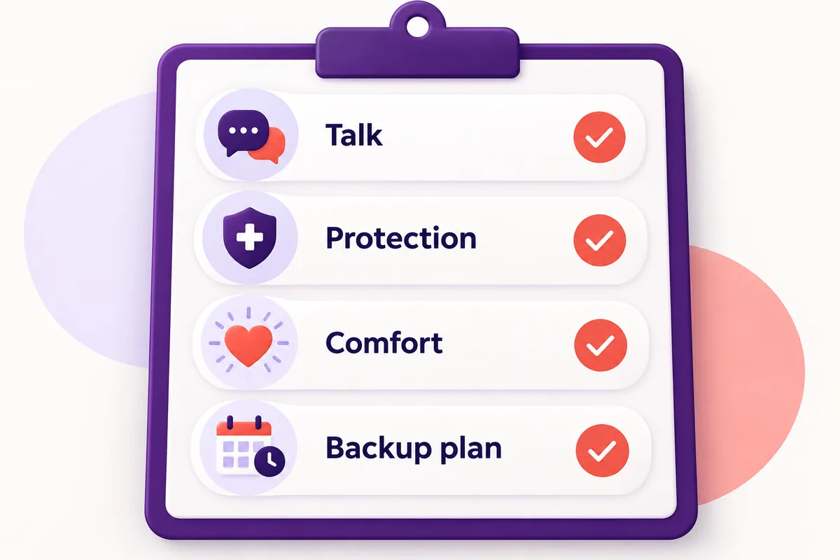 A checklist with four items: talk, protection, comfort and backup plan
