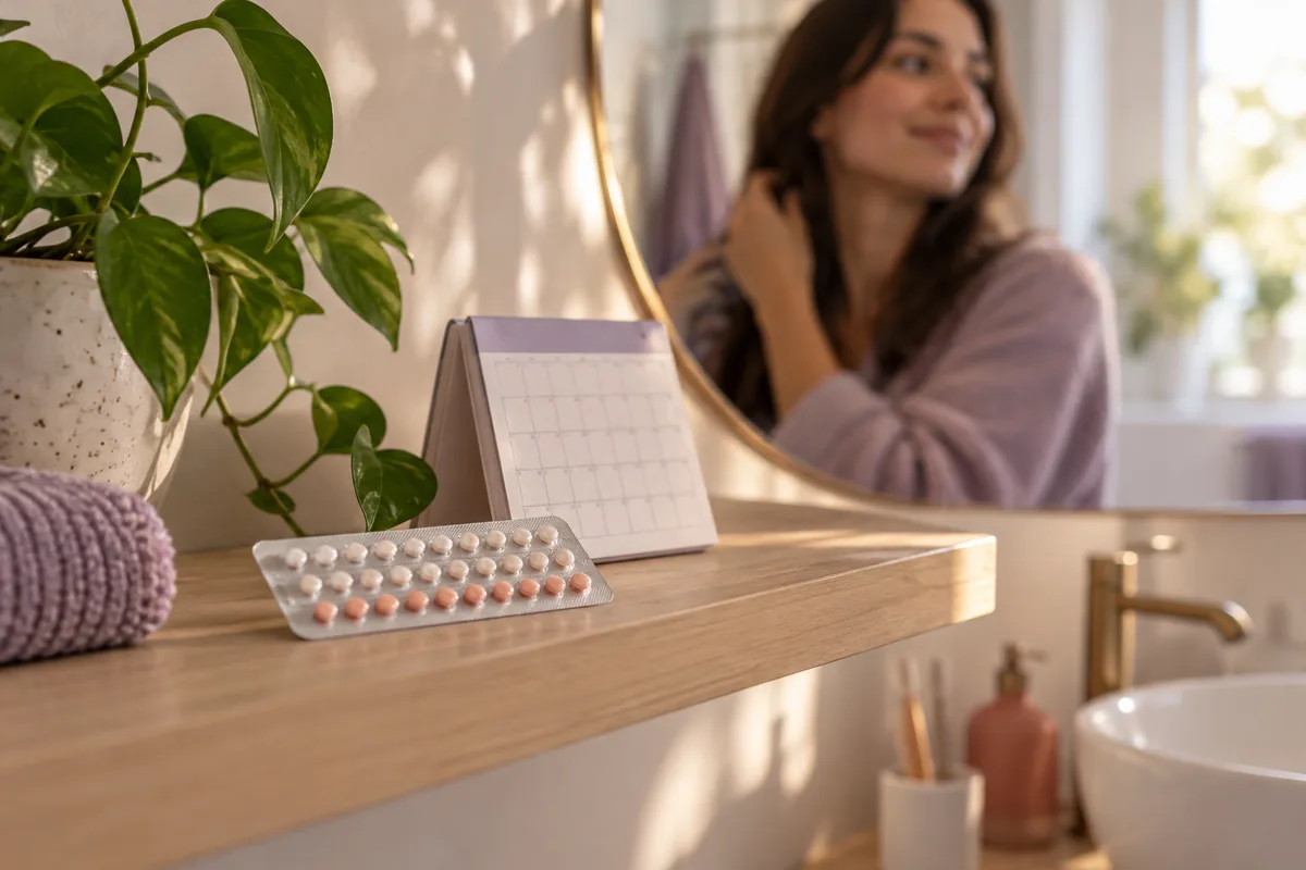 An unbranded pill pack and a small calendar on a bathroom shelf