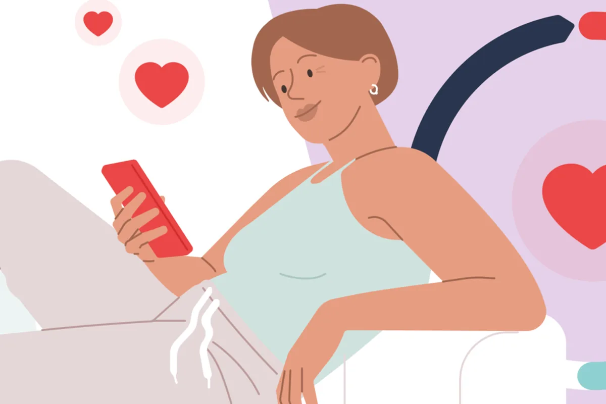 Illustration of a woman relaxing with her phone surrounded by heart icons