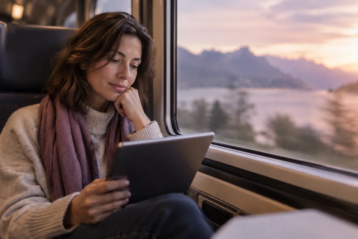 A person reading on a tablet beside a train window