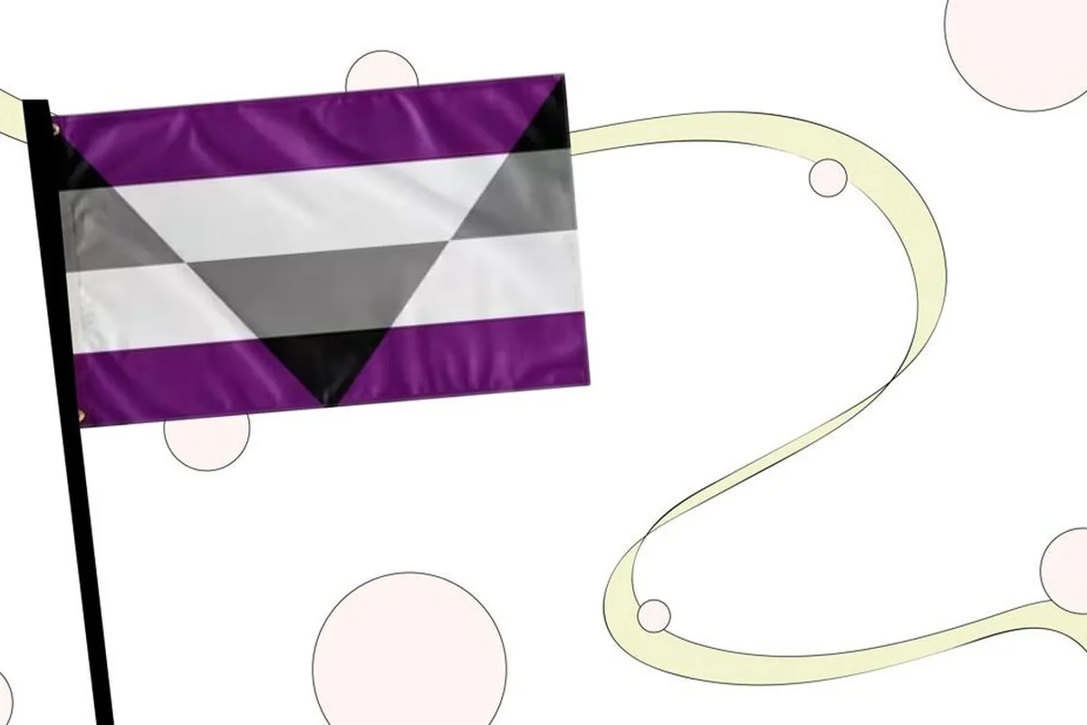 Illustration of a purple, grey, white and black striped pride flag on a flagpole