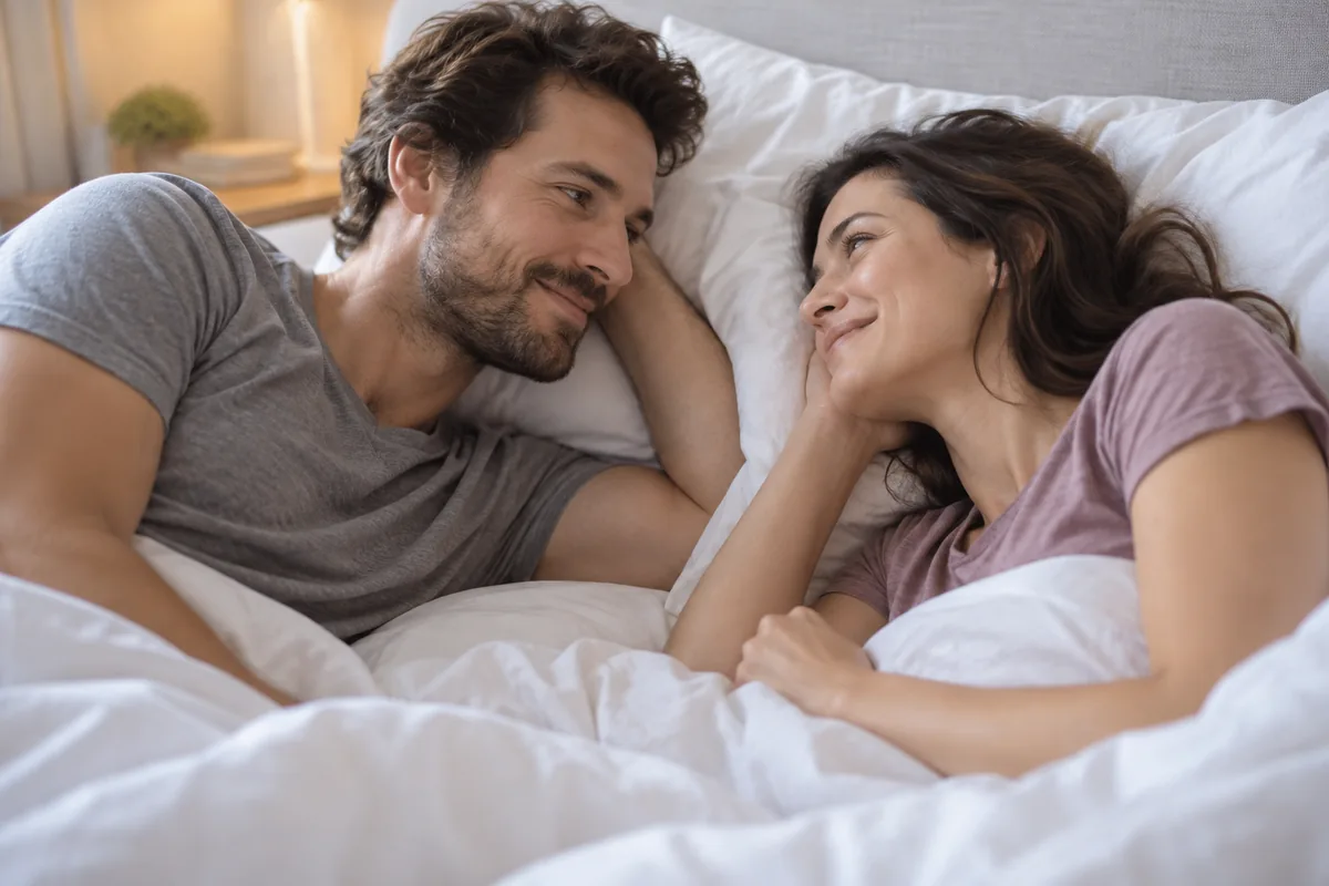 A couple in t-shirts lying in bed facing each other and talking softly