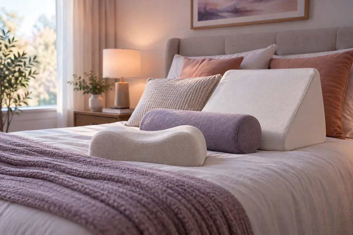 A bed with a wedge pillow, a lumbar roll and a knee pillow arranged for support