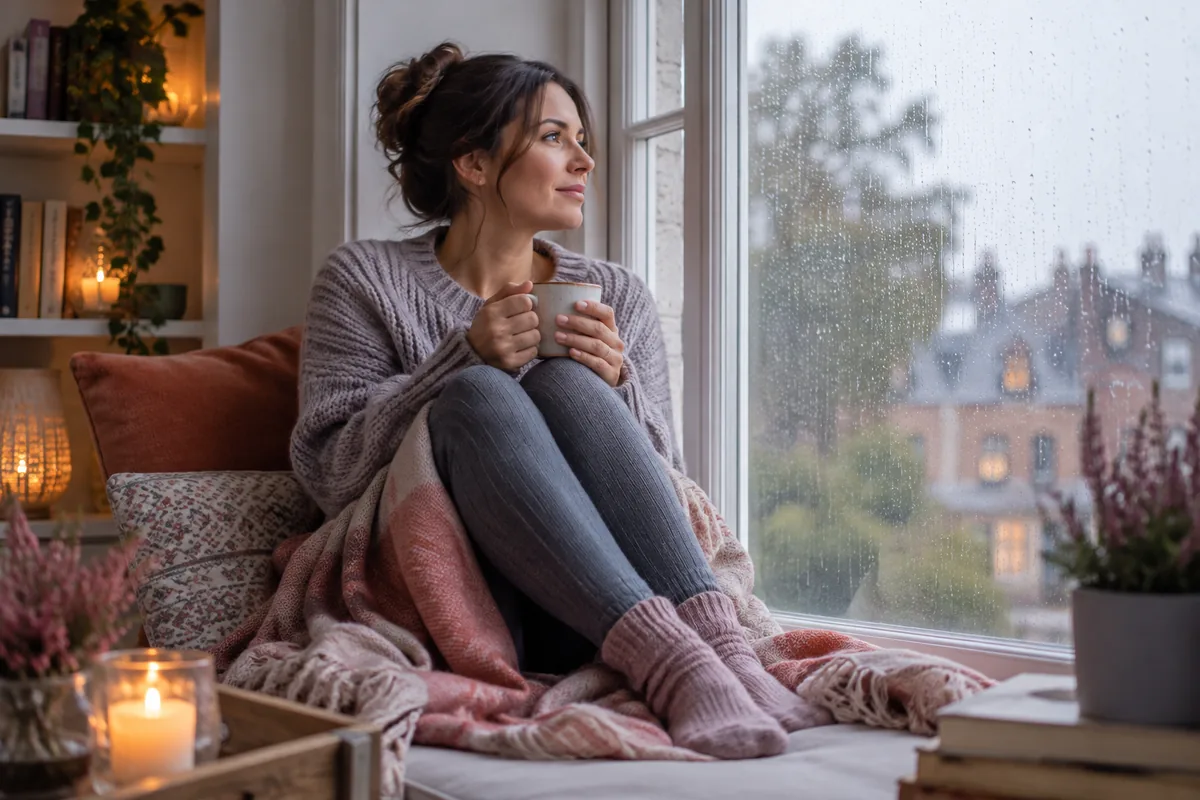 A woman on a window seat with a cup of tea watching the rain