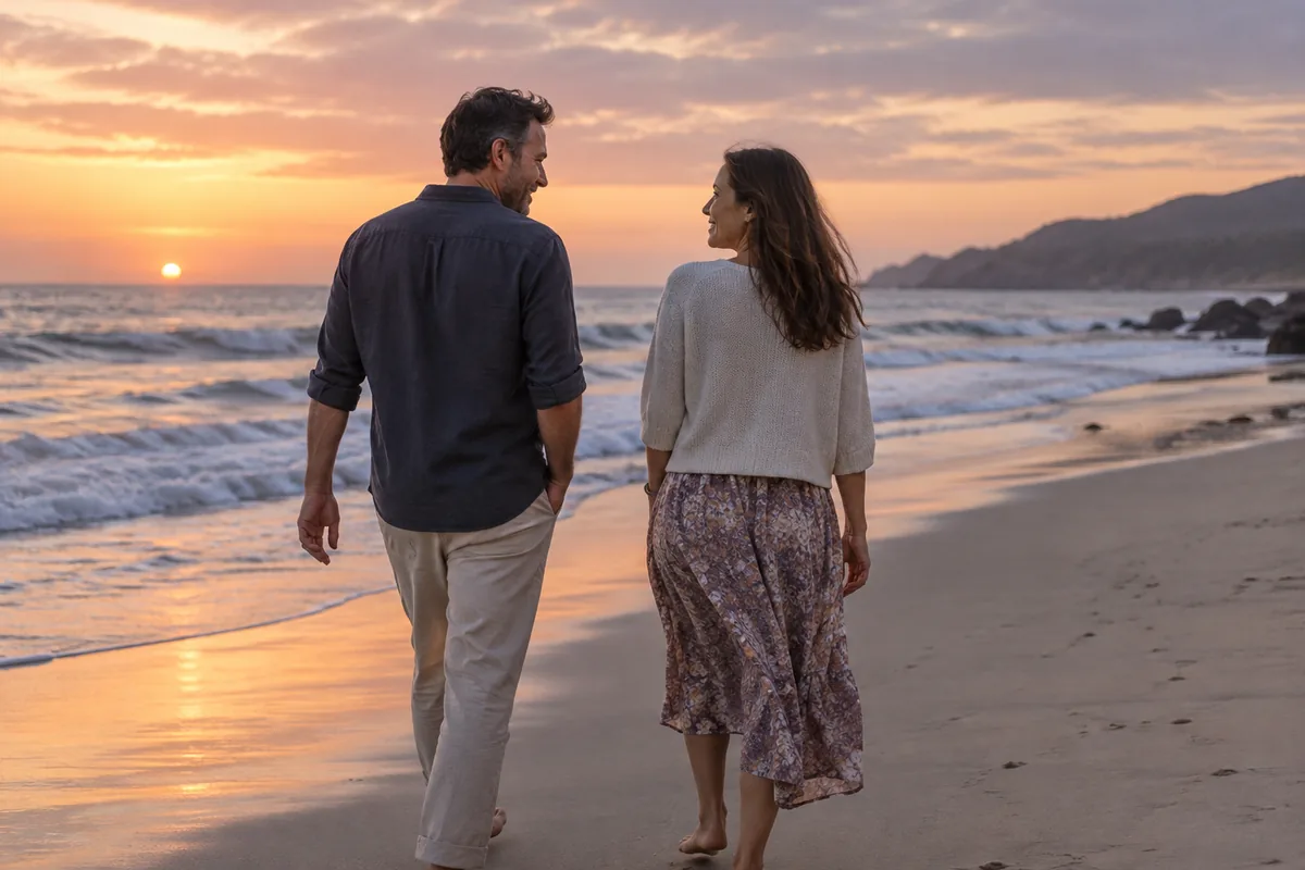 Two partners walking and talking on a beach at dusk