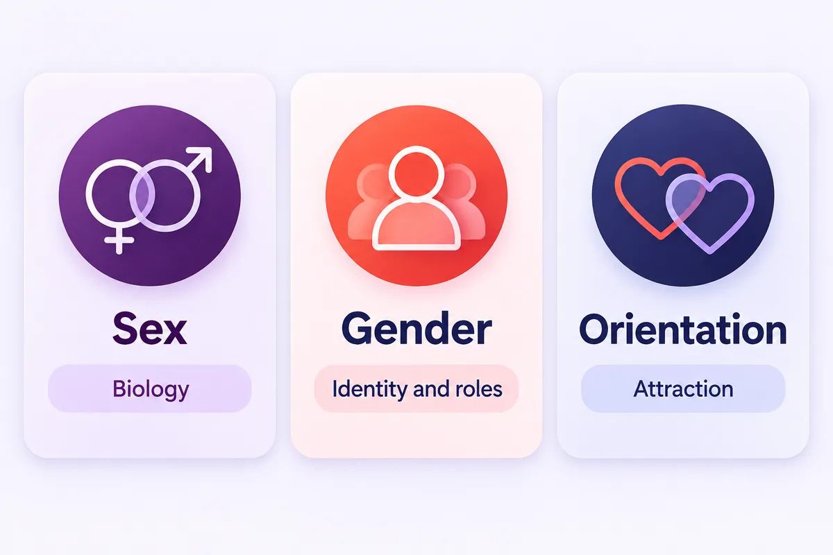 Three columns: sex means biology, gender means identity and roles, orientation means attraction