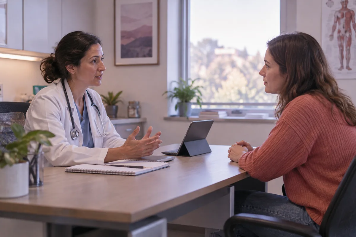 A clinician and a patient talking across a desk in a bright clinic