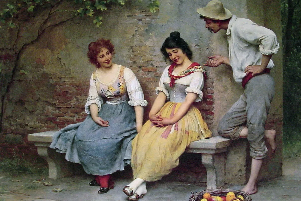 Painting of two young women on a bench laughing as a man leans in to talk to them