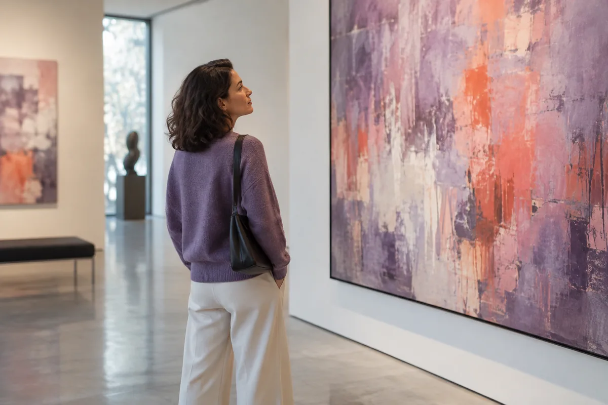 A woman admiring a large abstract painting in a quiet gallery