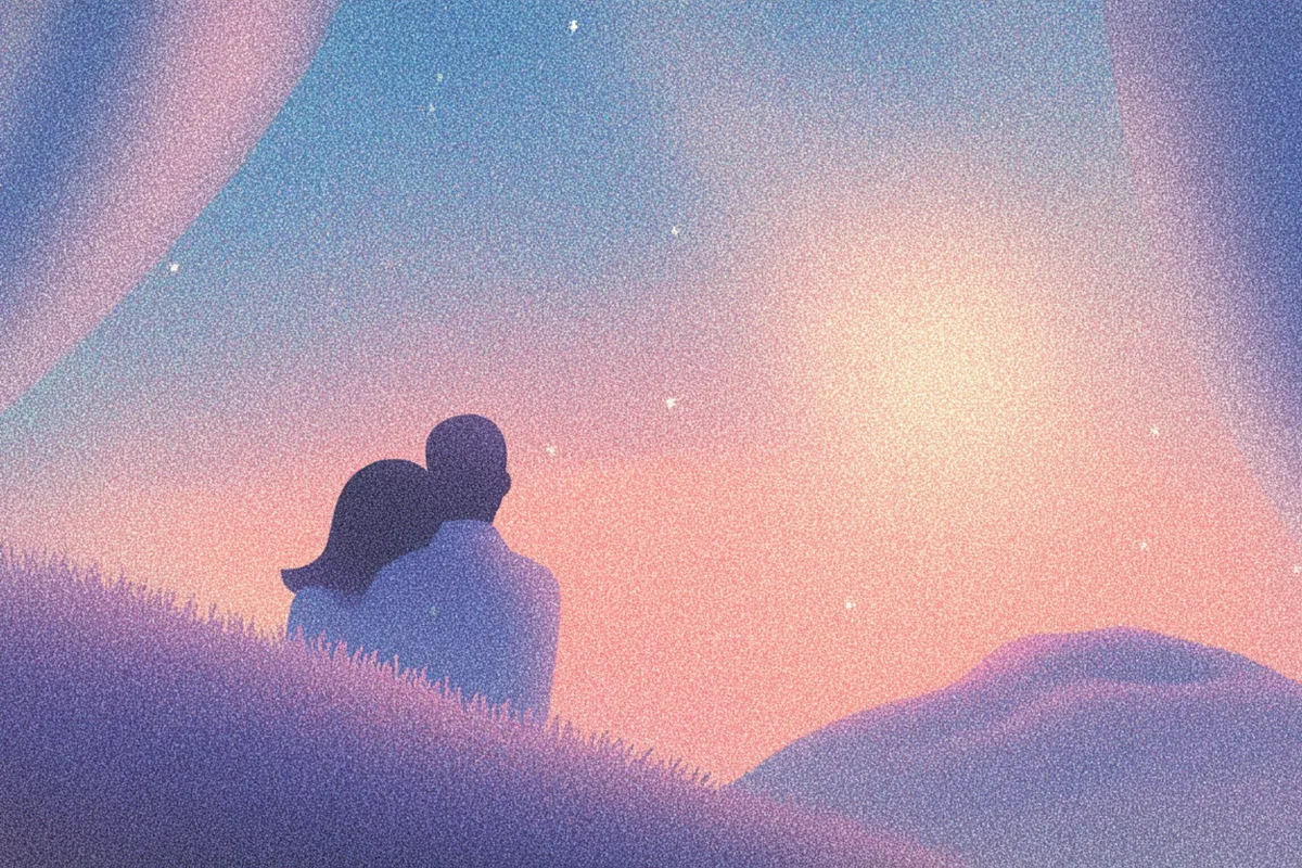Illustration of a couple embracing on a hill under a glowing pink and blue sky