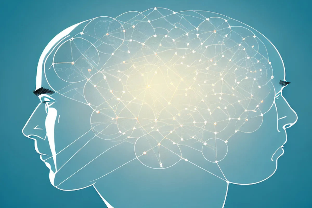 Illustration of two facing heads sharing one network of glowing connections