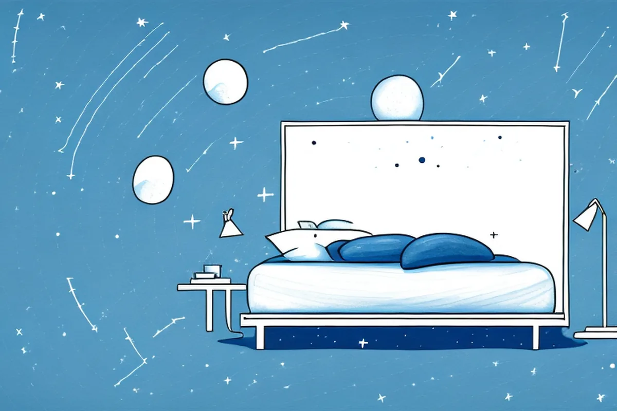 Illustration of an empty bed under a night sky full of stars and moons
