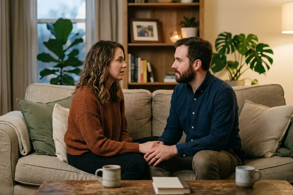 A couple holding hands and talking on a sofa with mugs on the table
