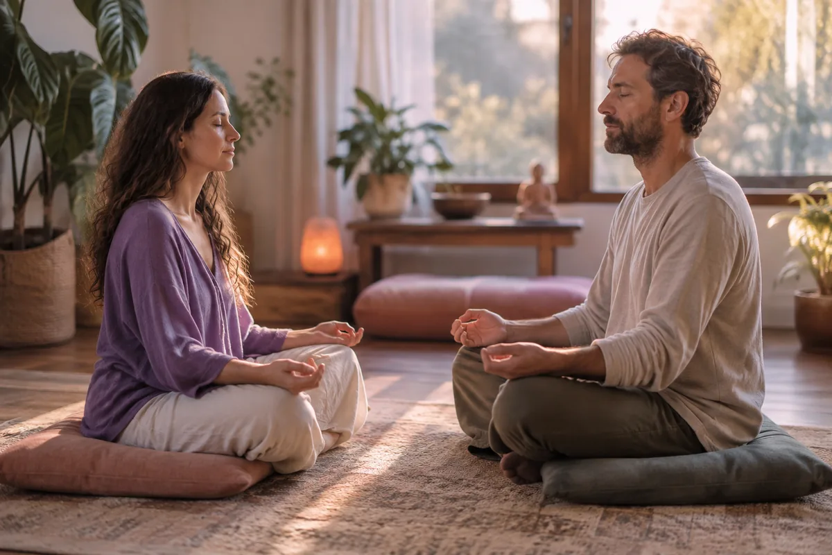 A couple sitting cross-legged facing each other with eyes closed, meditating