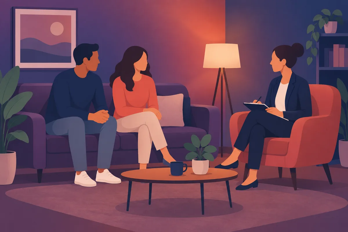 A couple sitting on a sofa talking with a therapist in an armchair