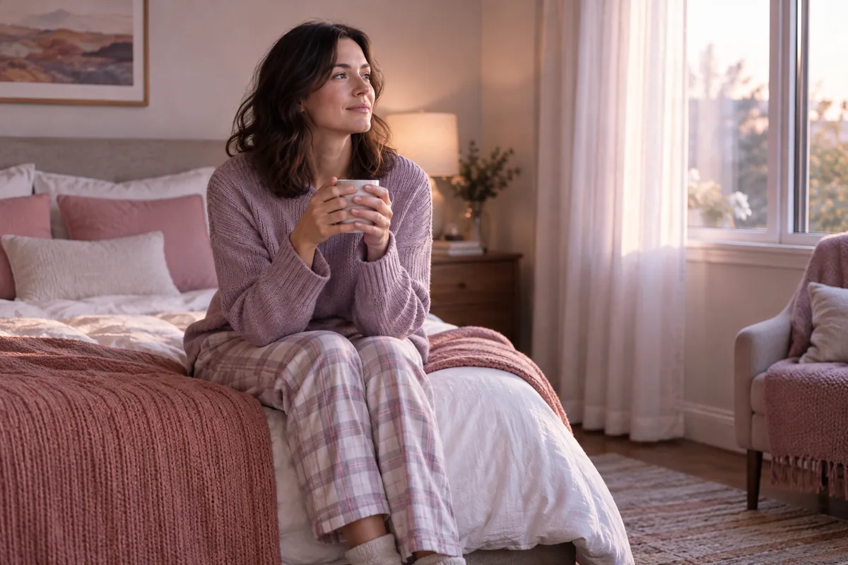 A woman sitting on the edge of her bed in the morning holding a mug, looking thoughtful