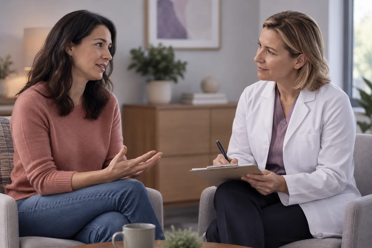 A woman talking openly with a female doctor who takes notes