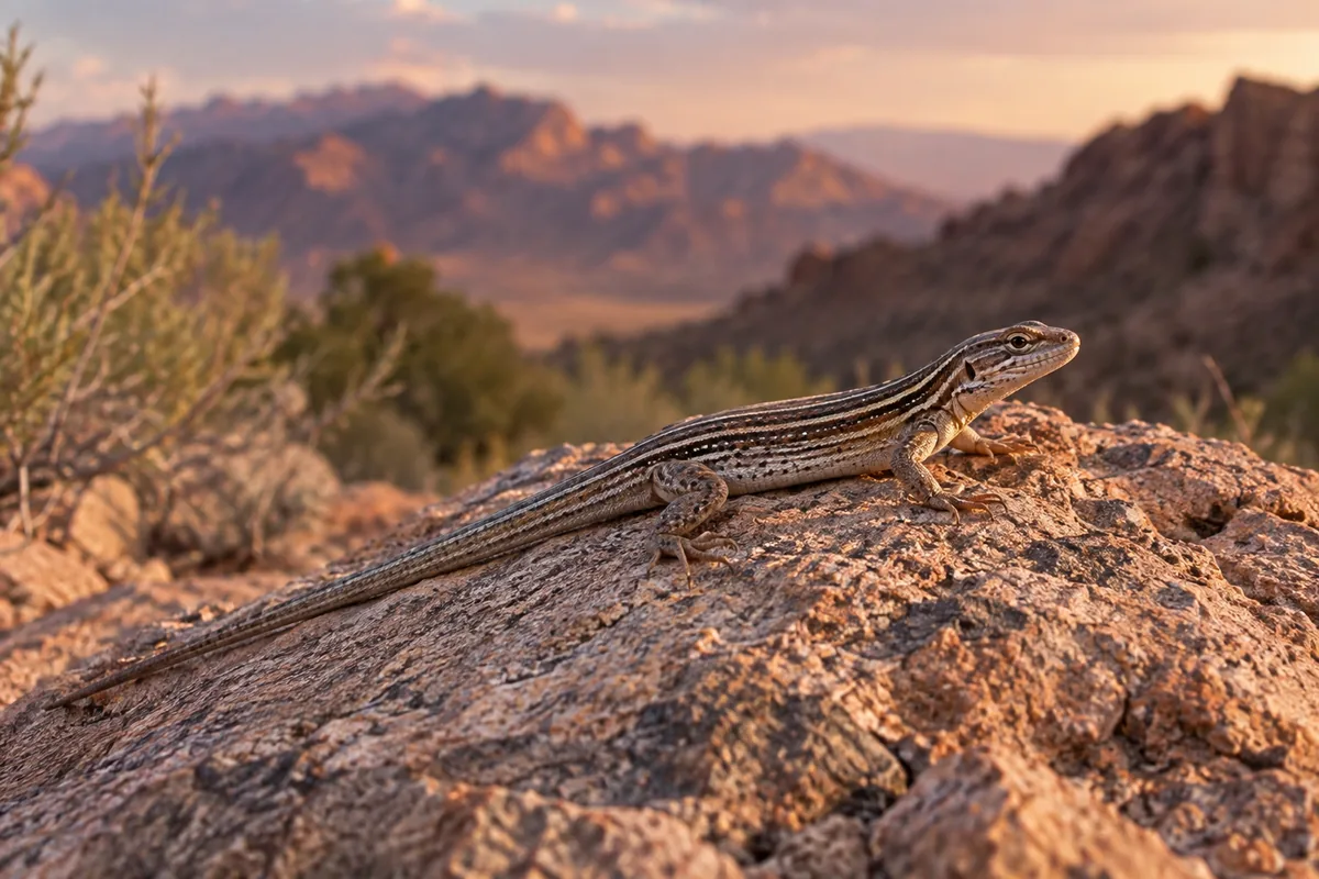 A striped whiptail lizard basking on a desert rock