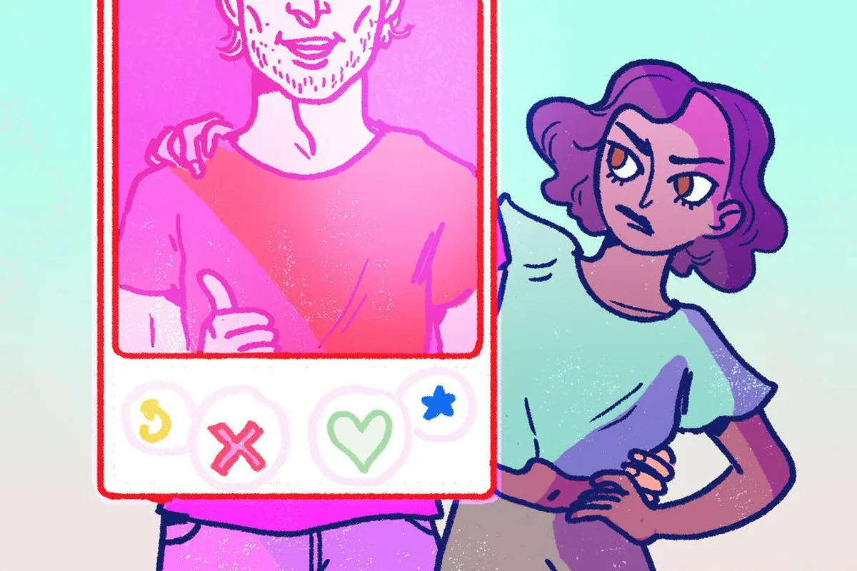 Illustration of a woman looking skeptically at a dating-app profile card