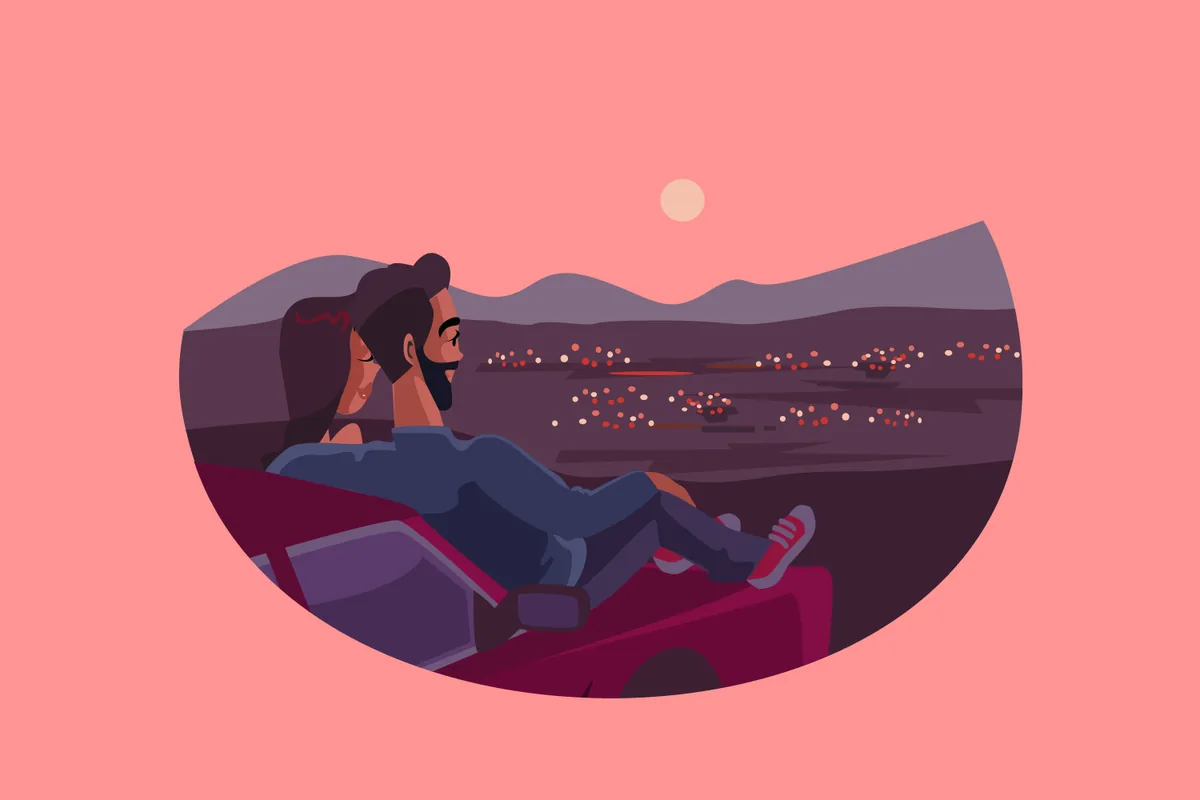 Illustration of a man relaxing in a car looking over a valley at dusk