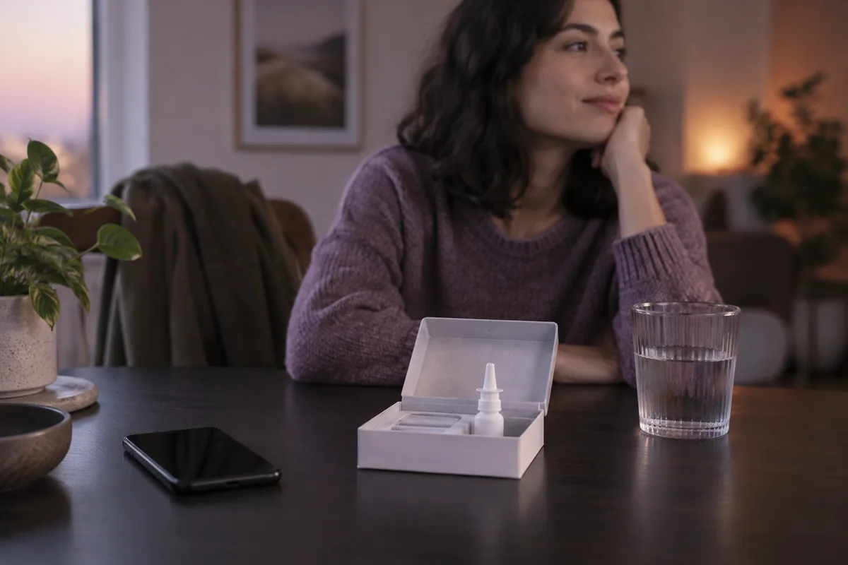 A woman at a table with a rescue spray kit, a phone and a glass of water