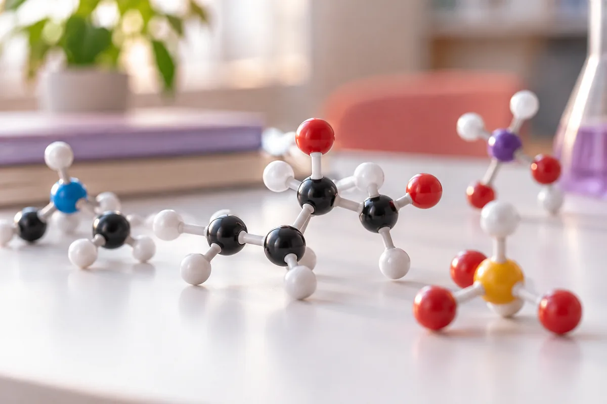 Colorful ball-and-stick molecule models on a white table